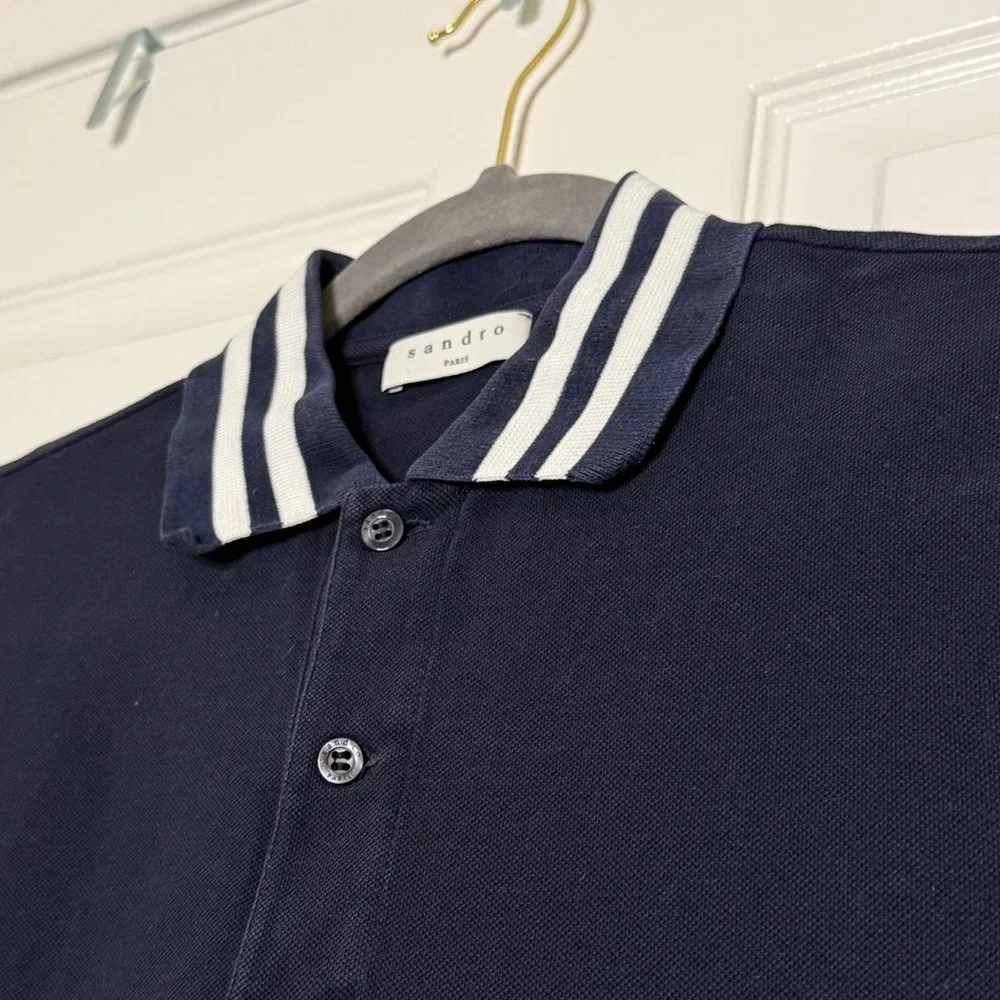 Sandro Paris Navy Blue White Striped Collar Short Sleeve Slim Polo Shirt Mens S - Picture 4 of 9